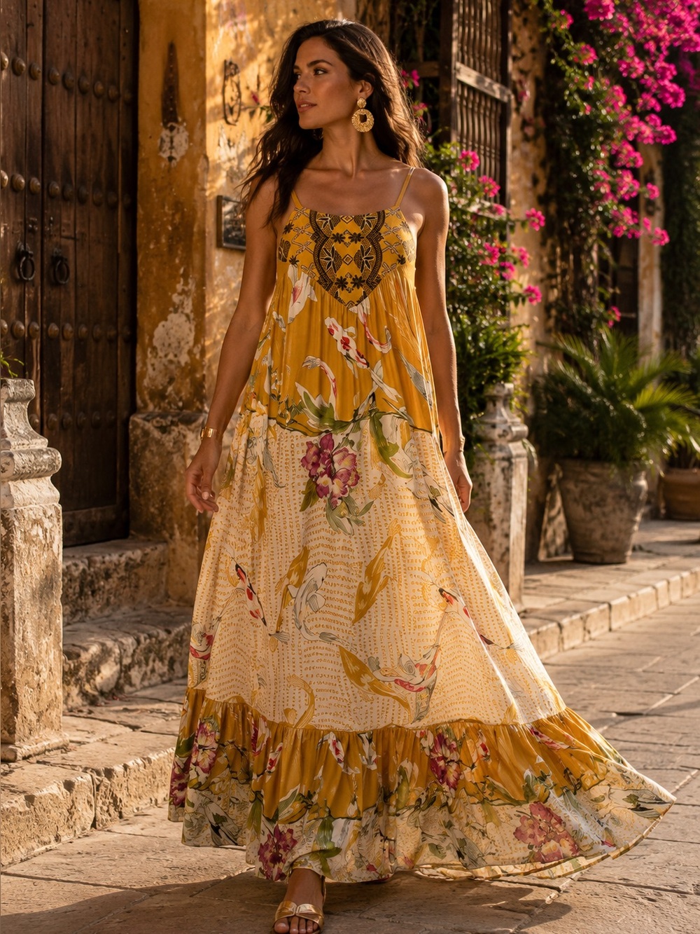 ONE SEPTEMBER Resortwear Boho Gold Print Flowy Maxi Dress, S
